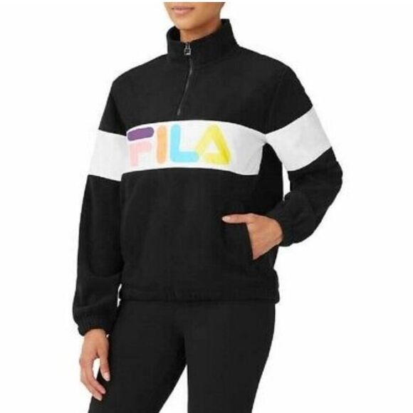 FILA Black Colorful Logo Panel Quarter Zip Pullover Fleece Sweater Large - Picture 6 of 13